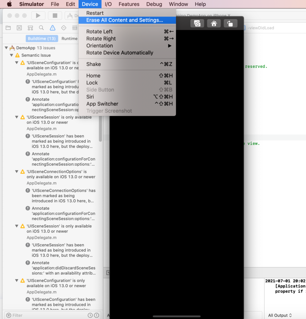 Reset Simulator content and settings